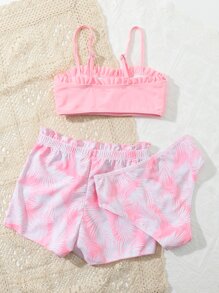 Tween Girl 3packs Random Tropical Print Frill Trim Bikini Set Summer Beach - Baby Pink - View 2
