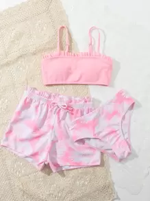 Tween Girl 3packs Random Tropical Print Frill Trim Bikini Set Summer Beach - Baby Pink - View 3
