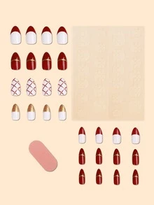 fengshangmei 28入組撞色假指甲和1張膠帶和1件指甲銼 - 彩色 - 查看 2