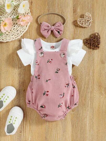 SHEIN Vintaside Kids 嬰兒女孩荷葉邊t恤和花卉印花連體衣,不附帶發帶