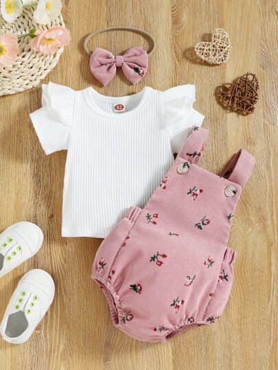 SHEIN Vintaside Kids 嬰兒女孩荷葉邊t恤和花卉印花連體衣,不附帶發帶