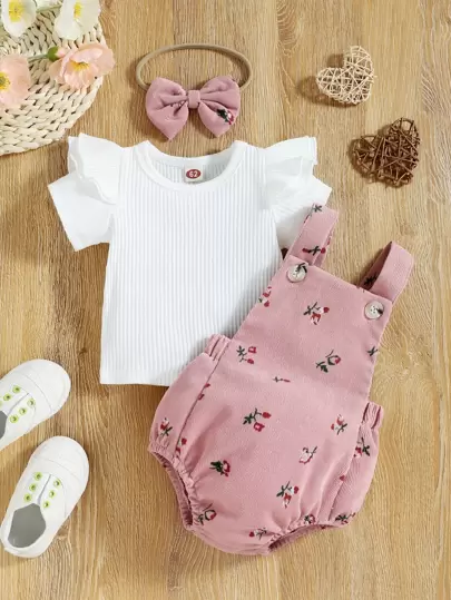 SHEIN Vintaside Kids 嬰兒女孩荷葉邊t恤和花卉印花連體衣,不附帶發帶