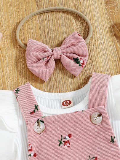 SHEIN Vintaside Kids 嬰兒女孩荷葉邊t恤和花卉印花連體衣,不附帶發帶