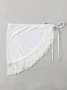 SHEIN Swim 纯色流苏罩裙，适合夏季海滩度假 - 白色 - 查看 6