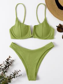 SHEIN Swim Summer Beach Ribbed Bikini Set V Wired Underwire Cami Bra & Bikini Bottom 2-Piece Bathing Suit - Lime Green - View 1
