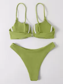 SHEIN Swim Summer Beach Ribbed Bikini Set V Wired Underwire Cami Bra & Bikini Bottom 2-Piece Bathing Suit - Lime Green - View 2
