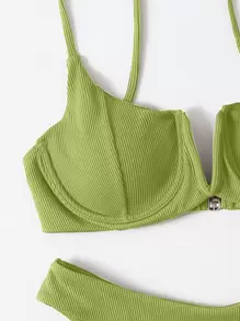 SHEIN Swim Summer Beach Ribbed Bikini Set V Wired Underwire Cami Bra & Bikini Bottom 2-Piece Bathing Suit - Lime Green - View 3
