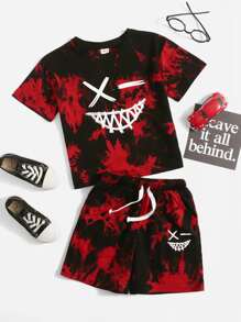 SHEIN Garçon T-shirt à imprimé visage dessin animé & short tie dye - Multicolore - Voir 1
