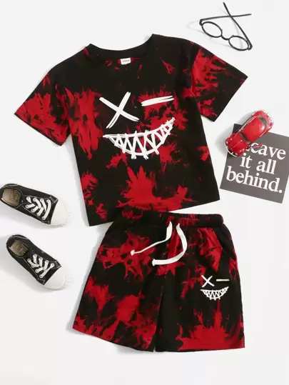 SHEIN Toddler Boys Cartoon Face Print Tee and Tie Dye Shorts Set