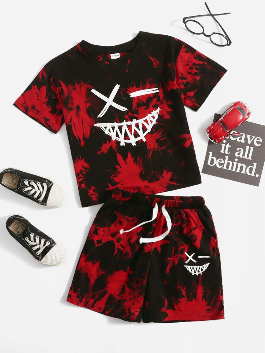 SHEIN Garçon T-shirt à imprimé visage dessin animé & short tie dye - Multicolore - Voir 1