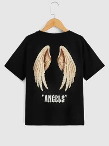 SHEIN Tween Boys' Casual Wing & Letter Graphic T-Shirt, Simple Style For Summer Daily Wear
