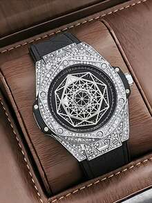 PINTIME Đồng hồ thạch anh con trỏ tròn trang trí cho nam Rhinestone - màu đen - Xem 4