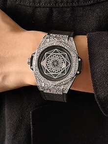 PINTIME Đồng hồ thạch anh con trỏ tròn trang trí cho nam Rhinestone - màu đen - Xem 5