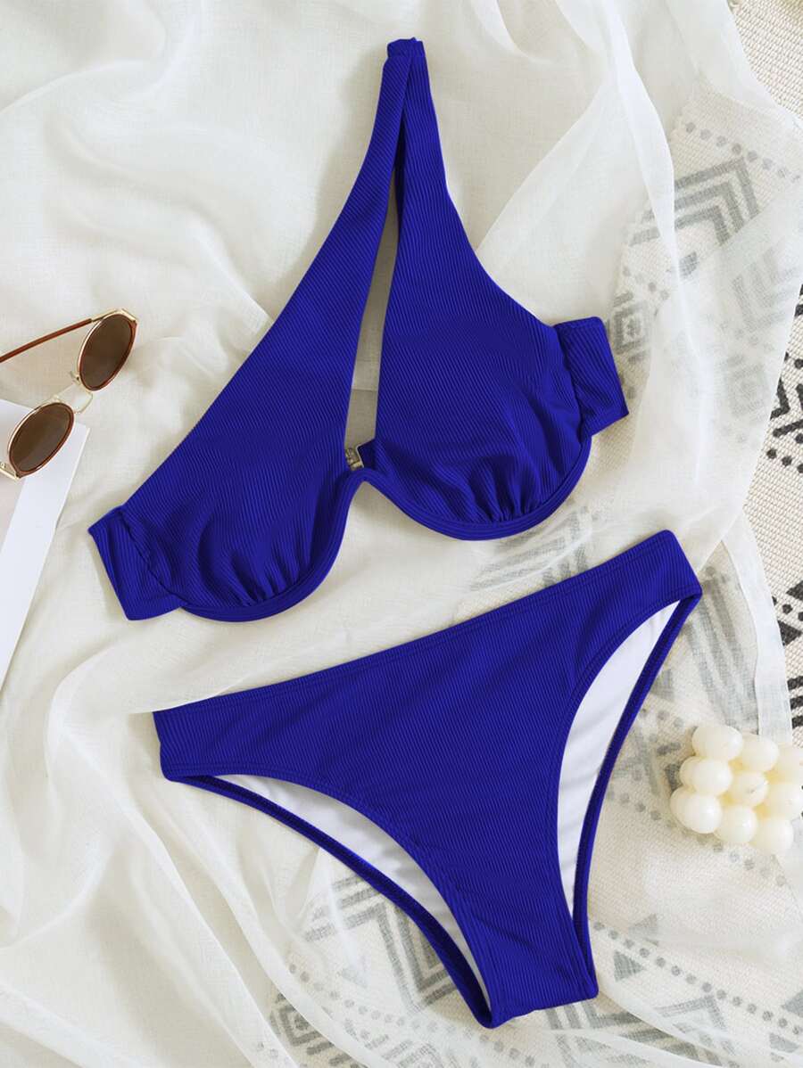 SHEIN Swim Summer Beach Ribbed Bikini Set One Shoulder Underwire Bra & Scrunch Butt Bikini Bottom 2 Piece Bathing Suit - Royal Blue - View 1