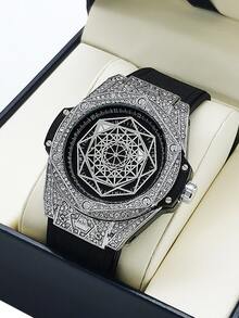 PINTIME Đồng hồ thạch anh con trỏ tròn trang trí cho nam Rhinestone - màu đen - Xem 2