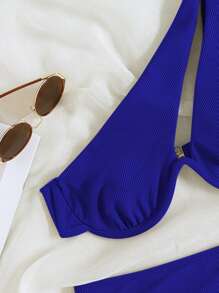 SHEIN Swim Summer Beach Ribbed Bikini Set One Shoulder Underwire Bra & Scrunch Butt Bikini Bottom 2 Piece Bathing Suit - Royal Blue - View 3