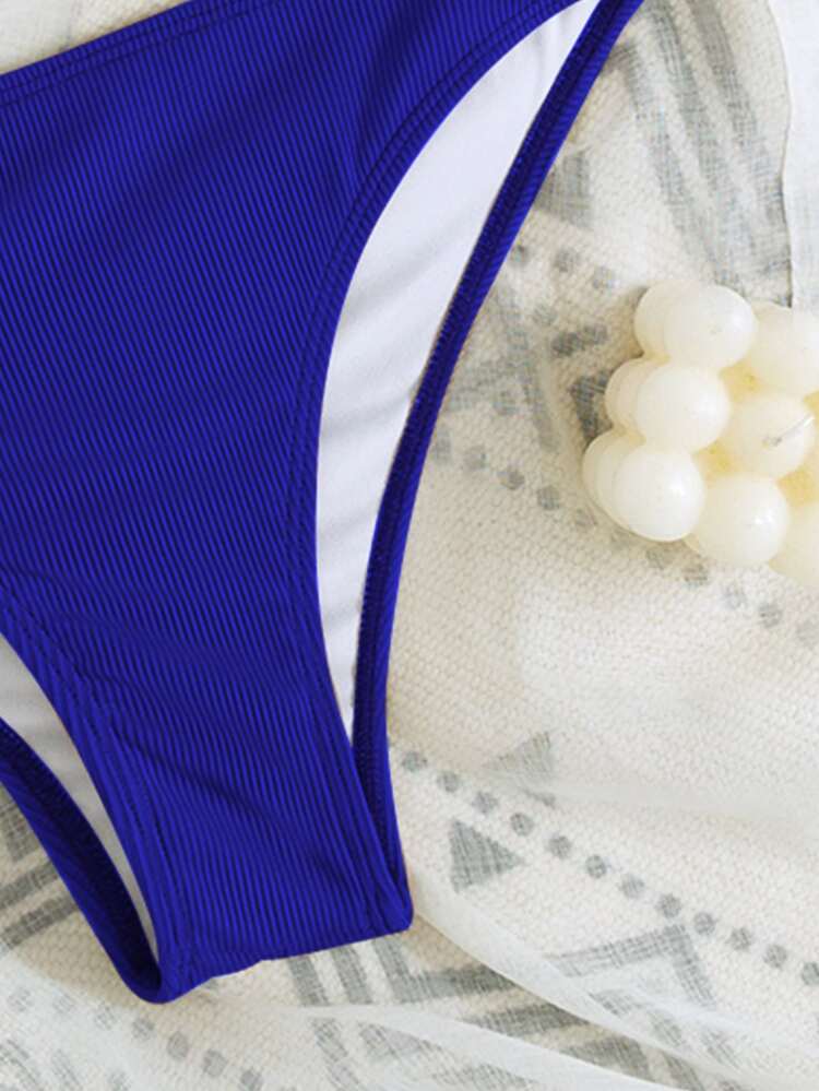 SHEIN Swim Sọc Bộ Bikini Một bờ vai Vòng thép Bras & Scrunch Butt Đáy bikini 2 mảnh Bộ đồ tắm - Xanh đậm - Xem 4