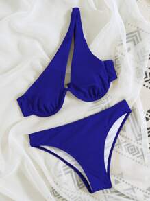 SHEIN Swim Summer Beach Ribbed Bikini Set One Shoulder Underwire Bra & Scrunch Butt Bikini Bottom 2 Piece Bathing Suit - Royal Blue - View 5