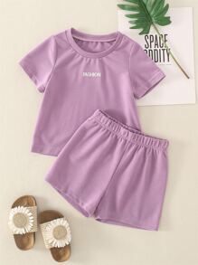 SHEIN Toddler Girls Letter Embroidery Tee & Shorts - Lilac Purple - View 1