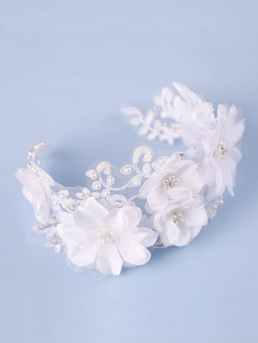 花朵裝飾假珍珠細節新娘頭飾優雅皇冠 - 白色 - 查看 1