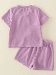 SHEIN Toddler Girls Letter Embroidery Tee & Shorts - Lilac Purple - View 2