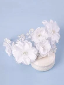 花朵裝飾假珍珠細節新娘頭飾優雅皇冠 - 白色 - 查看 3