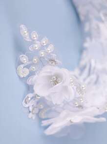 花朵裝飾假珍珠細節新娘頭飾優雅皇冠 - 白色 - 查看 4