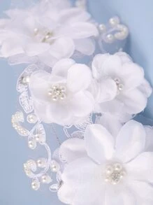 花朵裝飾假珍珠細節新娘頭飾優雅皇冠 - 白色 - 查看 5