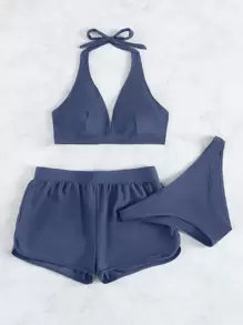 Swim Basics 2026 Spring/Summer 3pcs Set Hazy Blue Halter V-Neck Vacation Triangle Bikini Bottom + Briefs Bikini Set
