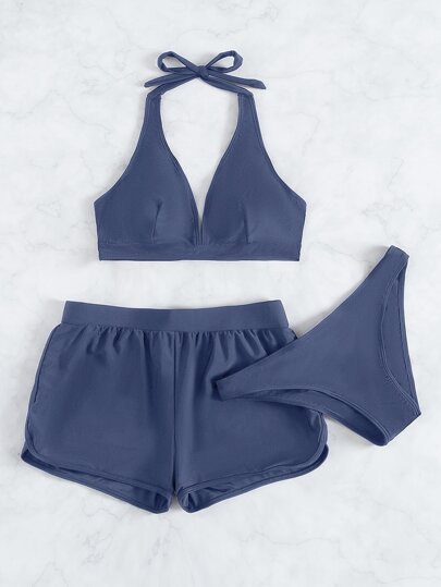 Swim Basics Conjunto de bikini de 3 piezas de 2026 primavera/verano con parte superior de triángulo con escote halter y cuello en V en azul difuminado, talla grande braguitas