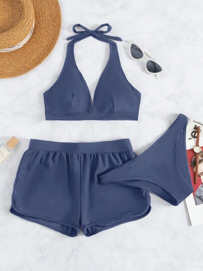Swim Basics 2026春夏三件套朦胧蓝挂脖V领度假三角比基尼泳裤+三角裤比基尼套装