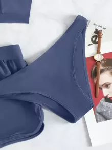 Swim Basics 2026 Spring/Summer 3pcs Set Hazy Blue Halter V-Neck Vacation Triangle Bikini Bottom + Briefs Bikini Set