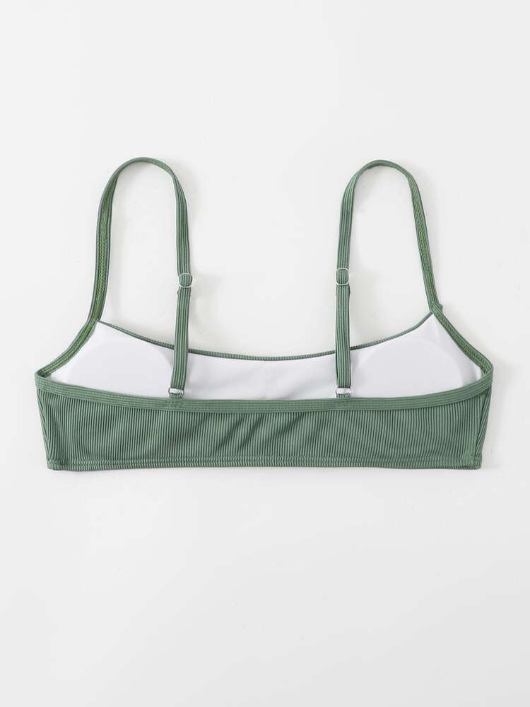 Plain Rib Bikini Top, For Summer Beach Vacation - Army Green - View 2