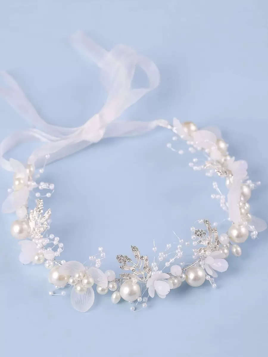 Leaf Decor Rhinestone & Faux Pearl Detail Elegant White Bridal Headwear For Wedding Tiaras - 白色 - 查看 1