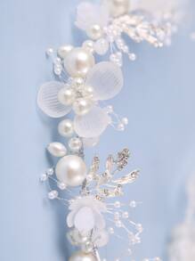 Leaf Decor Rhinestone & Faux Pearl Detail Elegant White Bridal Headwear For Wedding Tiaras - 白色 - 查看 3