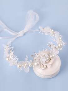 Leaf Decor Rhinestone & Faux Pearl Detail Elegant White Bridal Headwear For Wedding Tiaras - 白色 - 查看 4