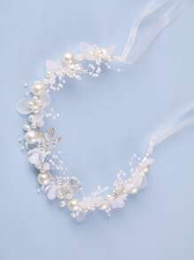 Leaf Decor Rhinestone & Faux Pearl Detail Elegant White Bridal Headwear For Wedding Tiaras - 白色 - 查看 5