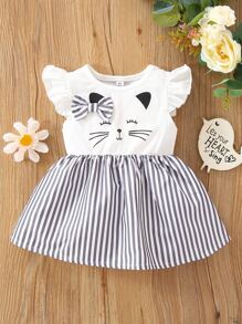 Baby Striped & Cartoon Graphic Bow Flutter Sleeve Dress - Black and White - View 1