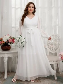 SHEIN Belle Plus Contrast Lace Split Sleeve Belted Chiffon Wedding Dress - White - View 1