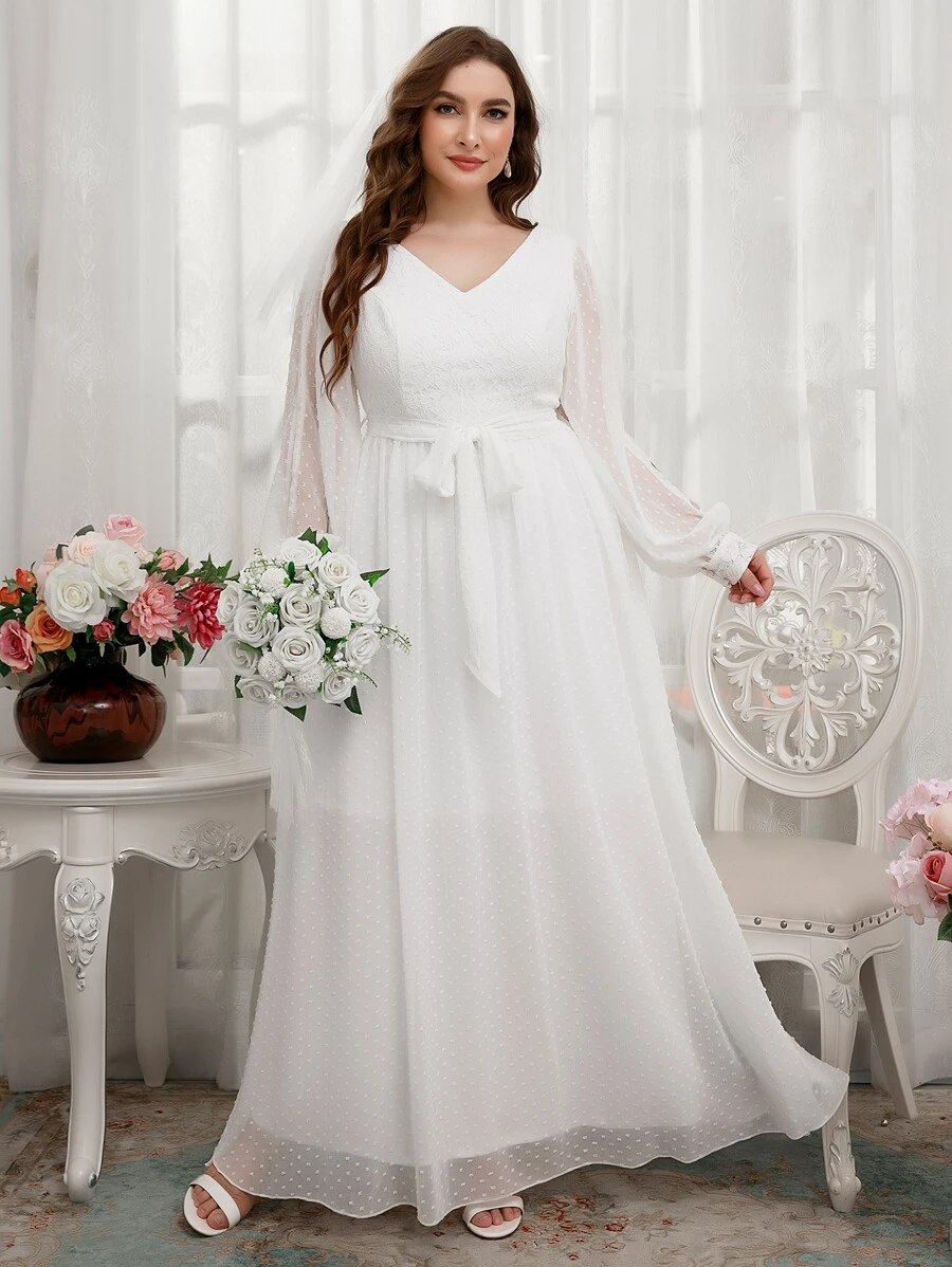 SHEIN Belle Plus Contrast Lace Split Sleeve Belted Chiffon Wedding Dress - White - View 1