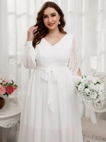 SHEIN Belle Plus Contrast Lace Split Sleeve Belted Chiffon Wedding Dress - White - View 4