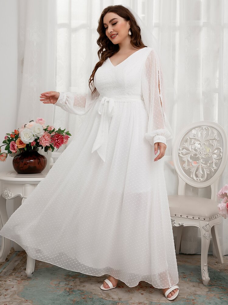 SHEIN Belle Plus Contrast Lace Split Sleeve Belted Chiffon Wedding Dress - White - View 5