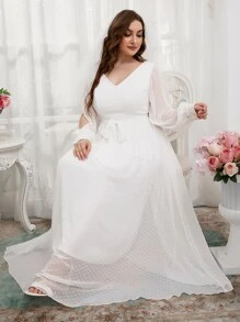 SHEIN Belle Plus Contrast Lace Split Sleeve Belted Chiffon Wedding Dress - White - View 6
