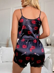 Lips & Lipstick Print Lace Trim Satin Cami PJ Set / Pajama Set - Black - View 2