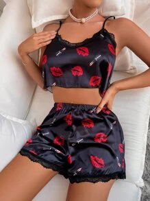Lips & Lipstick Print Lace Trim Satin Cami PJ Set / Pajama Set - Black - View 5