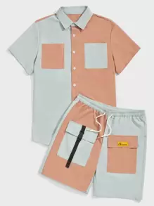 ROMWE MEN Guys Colorblock Button Front Pocket Shirt & Drawstring Buckle Shorts - Multicolor - View 1