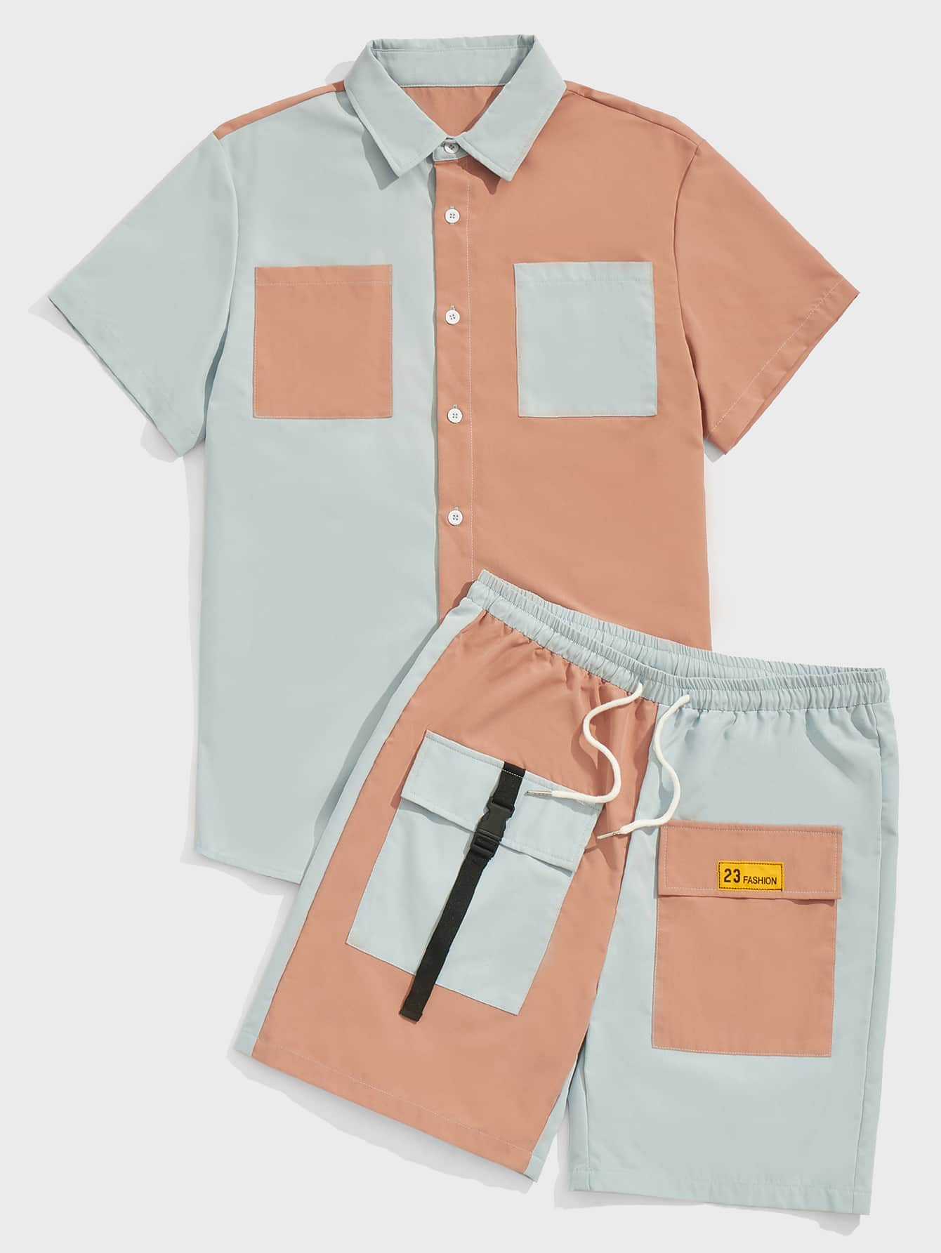 ROMWE MEN Guys Colorblock Button Front Pocket Shirt & Drawstring Buckle Shorts - Multicolor - View 1