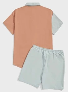 ROMWE MEN Guys Colorblock Button Front Pocket Shirt & Drawstring Buckle Shorts - Multicolor - View 2