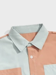 ROMWE MEN Guys Colorblock Button Front Pocket Shirt & Drawstring Buckle Shorts - Multicolor - View 4