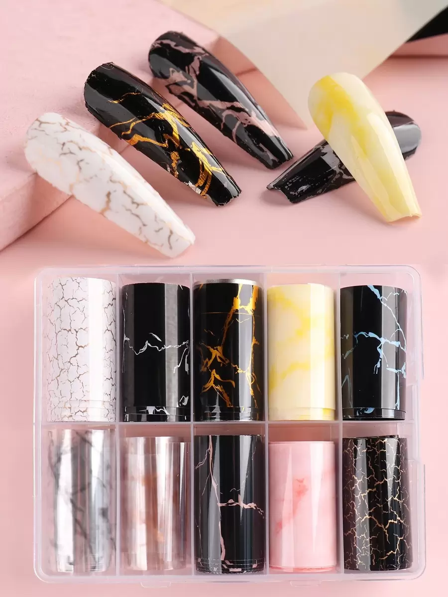10 peças/caixa Papel de Transferência de Padrão de Textura e Mármore (Sem Adesivo) Charmes de Unhas DIY, Joias de Unhas, Suprimentos de Unhas